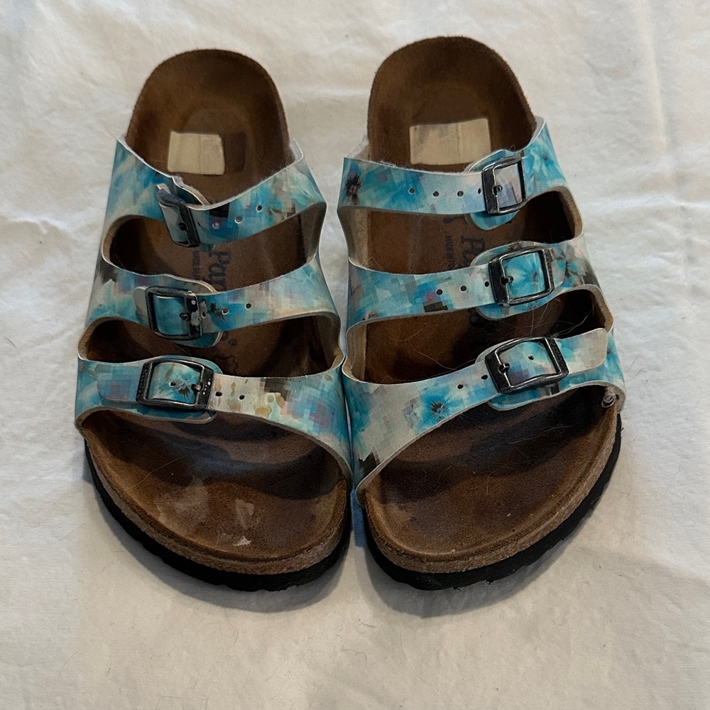 Papillio Turquoise Floral Three-Buckle Slide Sandals